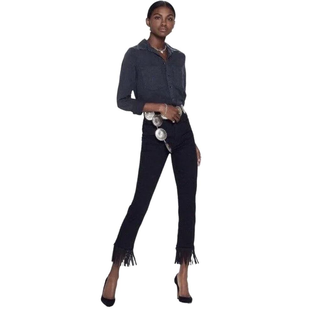 Mother High Waist Rascal Top Fray Whip Fringe Skinny Black Jeans Size 24